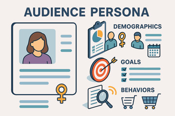 Audience persona analysis: demographics, goals, behaviors illustrated with icons