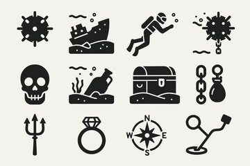 Nautical icons: diver, shipwreck, treasure chest, compass, skull, anchor
