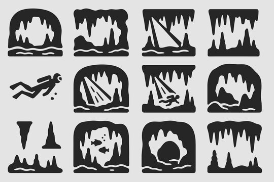 Silhouette icons of cave exploration and diving scenes in various speleology settings