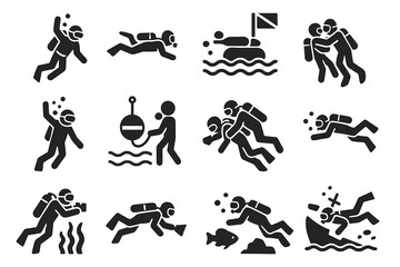 Scuba diving safety and rescue icon set with divers in action