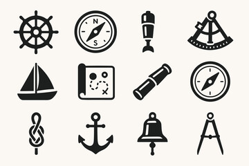 Nautical icons collection: compass, anchor, map, telescope, ship, rudder, knot, bell