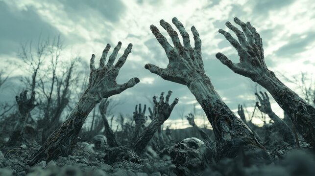 3D render of zombie hands rising from ground