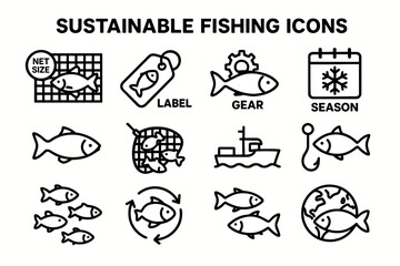 Sustainable fishing icons: gear, season, fish size, eco-friendly practices