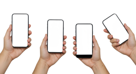 Four adult human hands, subtle skin tone variations, holding modern smartphones with transparent screens, 3/4 macro close-up, professional studio lighting on transparent background, commercial