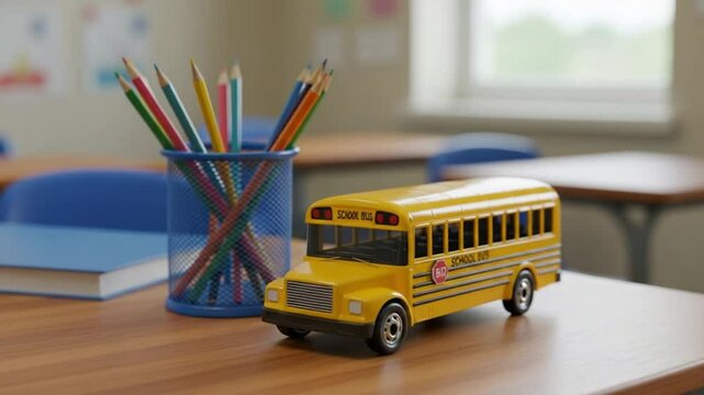 School bus toy and colored pencils on a desk in a classroom