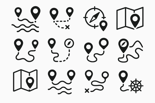 Black map marker icon set including compass and navigation symbols on white background