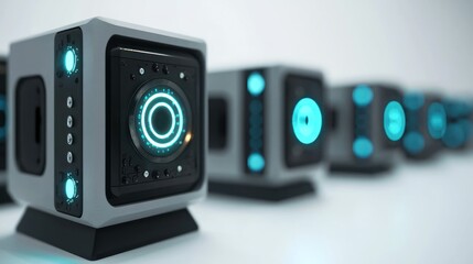 3D lineup of AI-powered defect detectors on white background