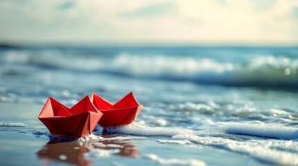 Red boats on beach, outside.