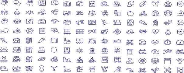 Collection of Playful Doodle Icons Featuring a Variety of Symbols from Mental Health to Sports and Recreation Activities