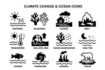 Climate change and ocean impact icons depicting floods, hurricanes, and polar effects