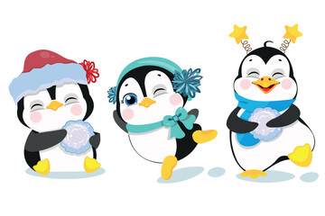 Cute winter penguins playing with snowballs cartoon set