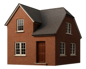 A red brick private house with a sloped shingle roof, designed for a suburban neighborhood.