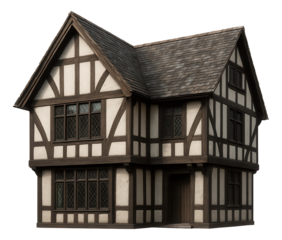 A Tudor-style private house with half-timbering and steeply pitched gable roofs, suitable for a traditional village.