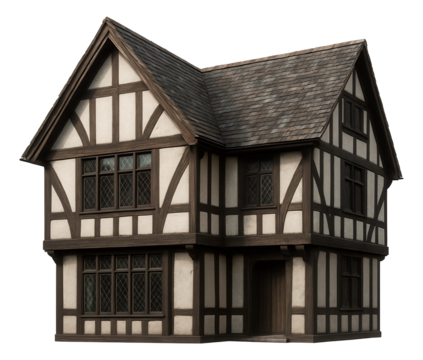 A Tudor-style private house with half-timbering and steeply pitched gable roofs, suitable for a traditional village.
