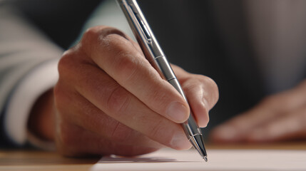 A close-up image of a businessman’s hand holding a pen and signing a document, or business decisions. The focus on the hand and pen highlights the importance.
