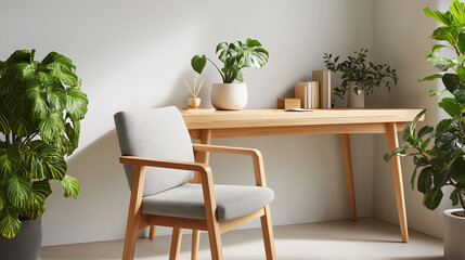 Minimalist wooden desk with potted plant in Scandinavian style, embodying simplicity and natural harmony.