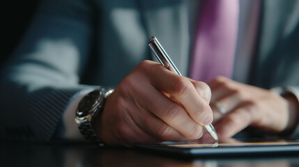 A close-up image of a businessman’s hand holding a pen and signing a document, or business decisions. The focus on the hand and pen highlights the importance.