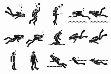 Fototapeta premium Diverse scuba diving positions: silhouette icons of underwater activities