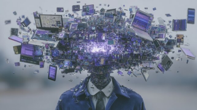 Excessive media, news, and social media consumption leads to an explosion of information data in the young human brain, epitomizing maximalism, as seen in a stock image from weber