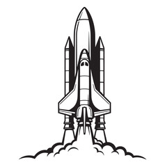 Black and white illustration of a rocket ship launching from earth into space