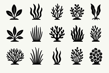 Set of 16 black silhouette plant icons on white background