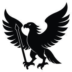 Black heraldic eagle with spear wings spread on white background silhouette