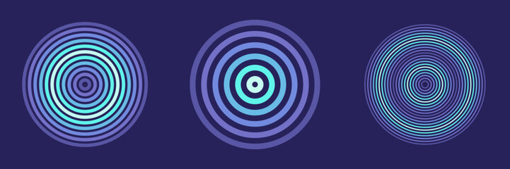 Set of retro abstract minimalistic concentric circles background, colourful purple and blue tones sphere lines wireframe pattern, energy vibration in space wallpaper