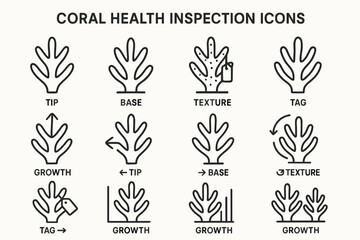 Coral health inspection icons: tip, base, texture, tag, growth monitoring