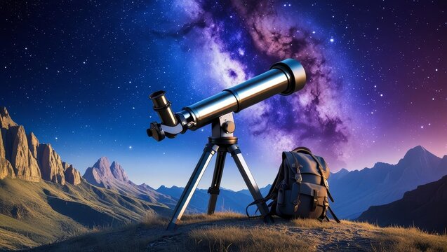 Telescope for science discovery, study astronomy, watching stars and planets in outer space. Vector cartoon landscape with telescope with tripod and backpack on hill, mountains and night starry sky - Powered by Adobe