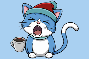 A sleepy cat with a cup of coffee