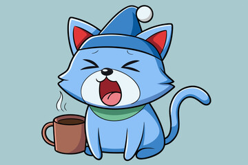 A sleepy cat with a cup of coffee