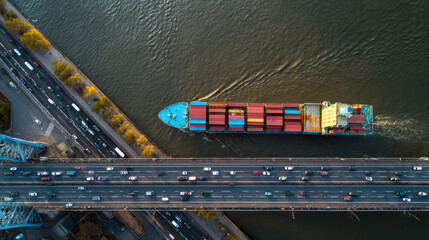 An aerial overhead picture of a big cargo container ship going beneath a bridge while traffic is moving