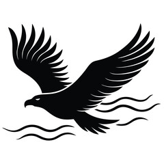 A black graphic of an eagle soaring above stylized water waves silhouette