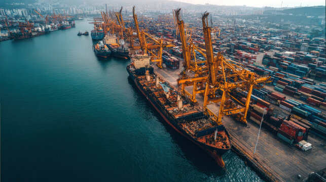 commercial port in the Black Sea load, crane-assisted cargo unloading from container ships, product distribution via trailers, logistical conveyance to buyers and dealers, cinematic tone process,