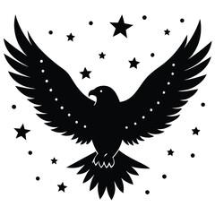 Black silhouette of an eagle surrounded by stars and circles