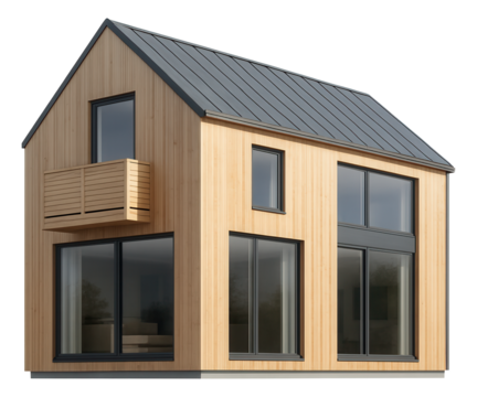 A townhouse with a Scandinavian design, featuring large windows and light wooden finishes, ideal for a bright and airy home in a northern climate.