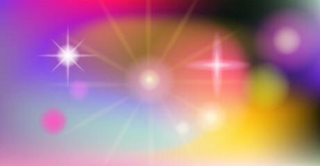 Abstract vector illustration in vibrant style, featuring gradients of pink, blue, yellow, and white, with a glowing starburst and soft circular bokeh shapes. Y2K gradient style is trending now. © local_doctor