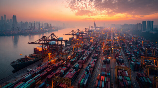 Shanghai's Shipping Container Terminal at duskYangshan Deep Water Port is a bustling modern seaport.  - Powered by Adobe
