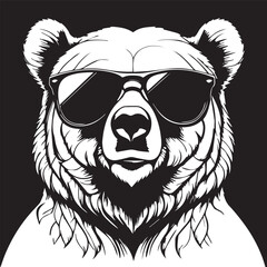 Fototapeta premium Black and white vector illustration of a cool bear wearing sunglasses.