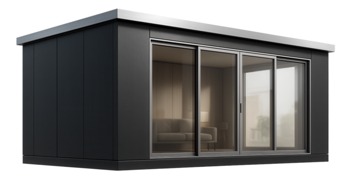 A prefabricated steel guest house with large windows, perfect for an urban backyard.