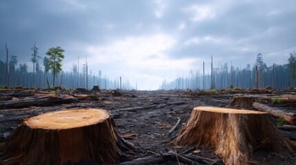 Burnt Forest Area With Tree Stumps and Charred Remnants Under Cloudy Sky