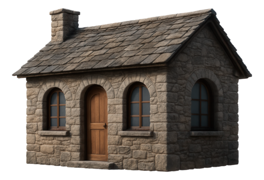 A rustic stone guest house with arched windows, suitable for a mountainous region.