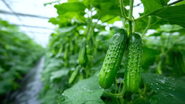Juicy cucumbers dangle in rows from overhead vines, tiny water droplets catching light in a warm, humid greenhouse atmosphere