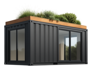 A container guest house with a rooftop garden, suitable for an innovative urban space.