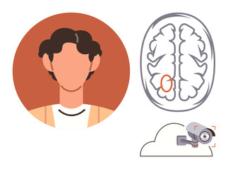 Minimalistic design combining a faceless human, brain structure with marked area, and a cloud-based security camera. Ideal for neuroscience, surveillance, biometrics, AI, cybersecurity, analytics