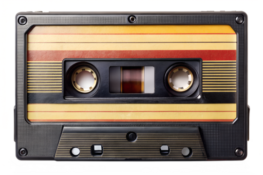Vintage audio cassette tape with red and yellow stripes isolated on transparent background