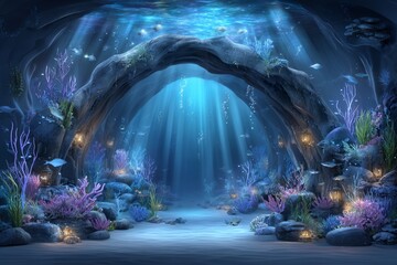 Rays of sunlight and aquatic life, including fish and plants, in an underwater cave, were generated using stock technology