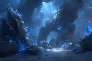 An image of an underwater cave featuring sunbeams, fish, and plant life was produced using AI-powered generative technology