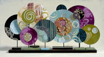 Fototapeta premium The artwork boasts an array of vibrant circular and geometric shapes, adorned with an assortment of textures, against a radiant background, extolling the virtues of creativity in a lively studio