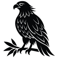 Obraz premium A black silhouette of an eagle perched on a branch with leaves
